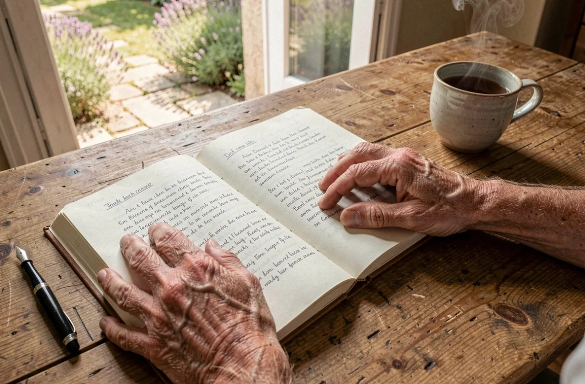 Mains de musicien posées sur un carnet de paroles manuscrites sur une table en chêne rustique, avec jardin provençal en arrière-plan, univers de la chanson française intemporelle