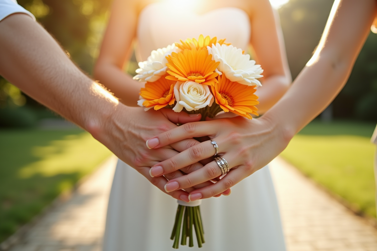 Mains entrelacees avec alliance et bouquet de fleurs colorées