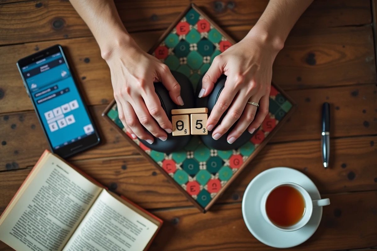 Vue en plongée de mains tenant une tuile de Scrabble au-dessus d'un plateau de jeu, avec une souris et un smartphone affichant une partie en ligne sur une table en bois