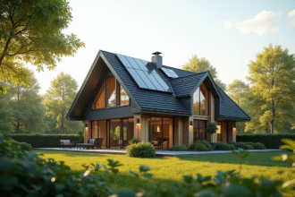 Maison moderne avec panneaux solaires et grande fenetre