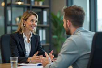 Manager femme en réunion avec client au bureau moderne