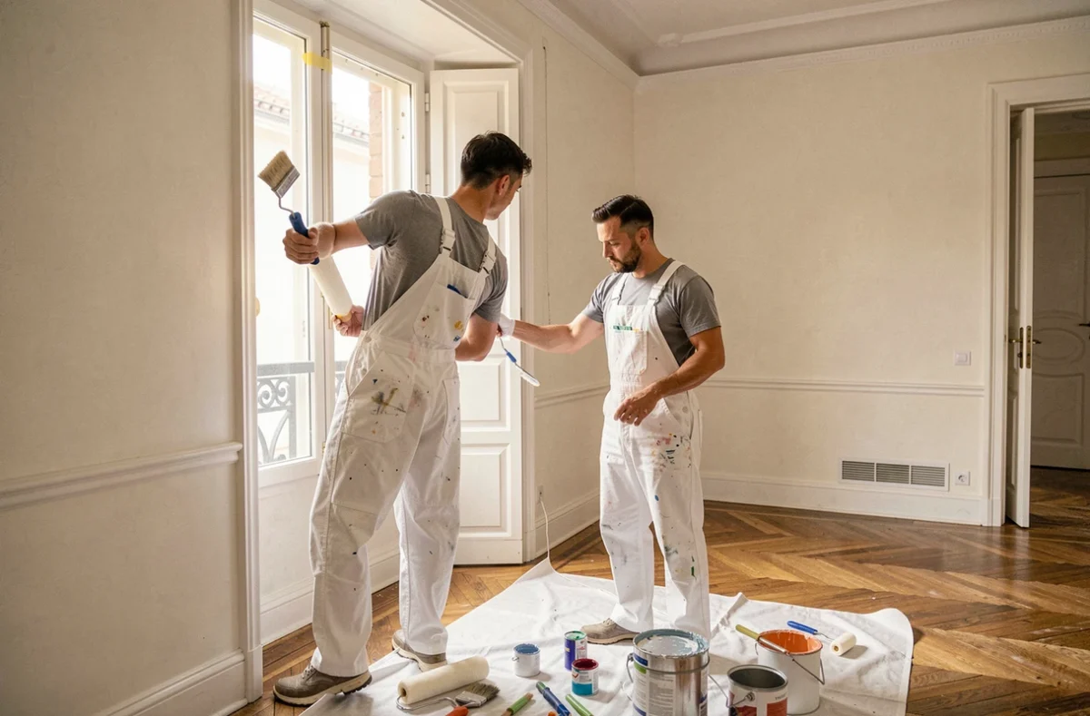Artisan Martins Stephane Peinture masquant un châssis vitré avant peinture
