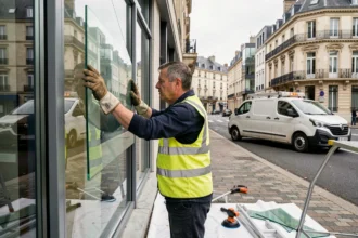 Vitrier professionnel installant une grande vitre sur un bâtiment en Seine-et-Marne