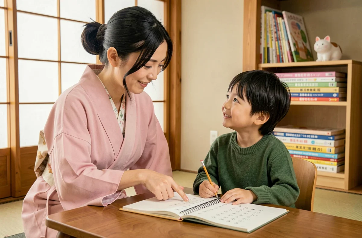 Mère japonaise aidant son jeune fils à faire ses devoirs dans un intérieur traditionnel chaleureux, illustrant l'éducation et les liens mère-enfant