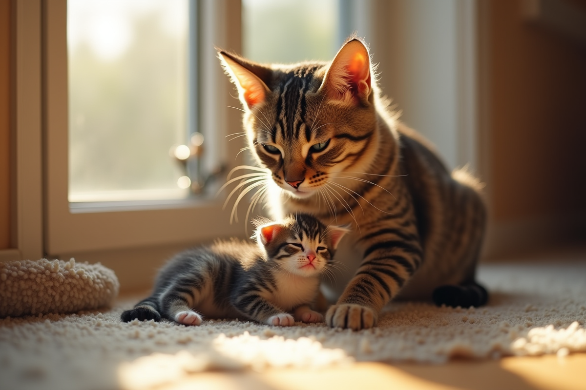 Mère chatonnant en train de toiletter son chaton