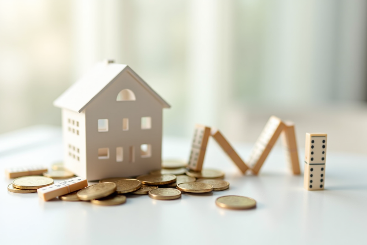 Modèle réduit d appartements avec pièces de monnaie et dominos en chute