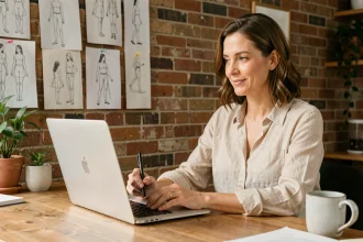 Femme entrepreneureuse monétisant son savoir-faire créatif depuis son studio maison grâce à une plateforme numérique