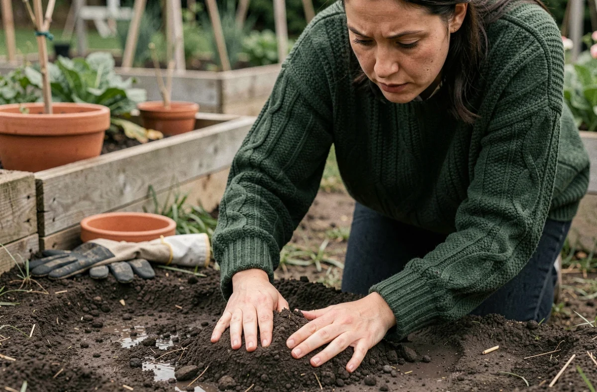 Femme agenouillée dans un jardin tenant une motte de terre humide dans ses mains, entourée de pots en terre cuite et de bacs potagers