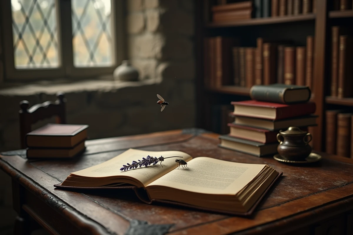 Une mouche sur un bureau ancien avec un journal ouvert et de la lavande séchée, évoquant les présages et la symbolique spirituelle