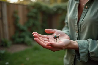 Une mouche posée sur la paume ouverte d'une femme dans un jardin, symbolisant un signe ou un avertissement spirituel