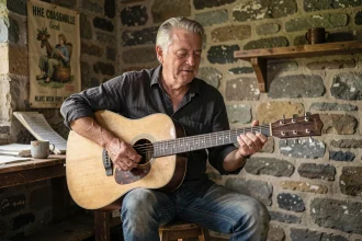 Musicien folk assis sur un tabouret en bois jouant de la guitare acoustique dans une vieille ferme en pierre, évoquant l'univers de Francis Cabrel