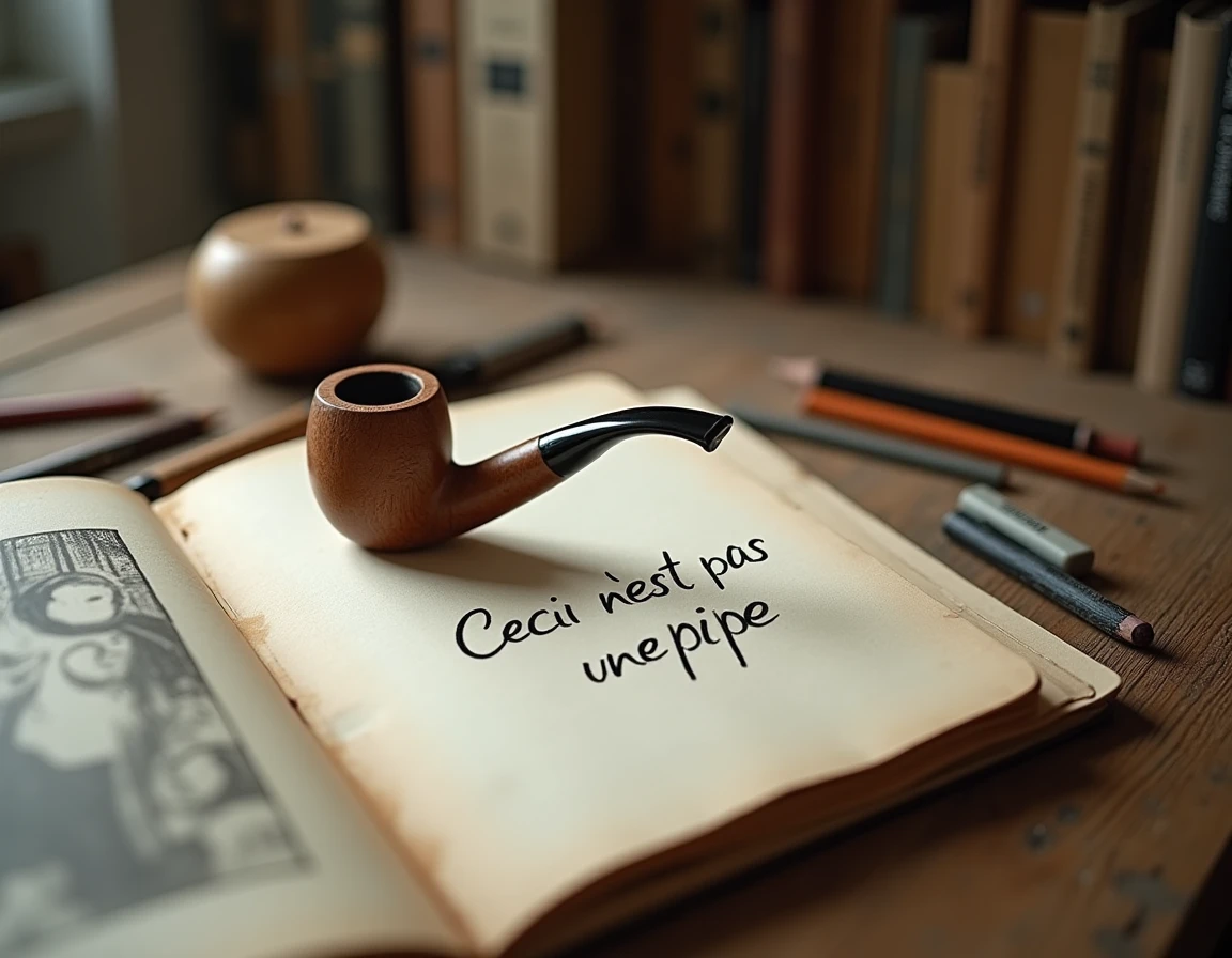 Nature morte sur un bureau d'artiste avec une pipe en bois et une note manuscrite en français illustrant le concept philosophique du tableau de Magritte