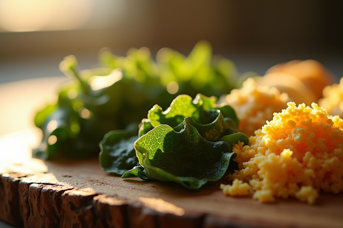 Tranches de nori et tempeh sur planche en bois rustique