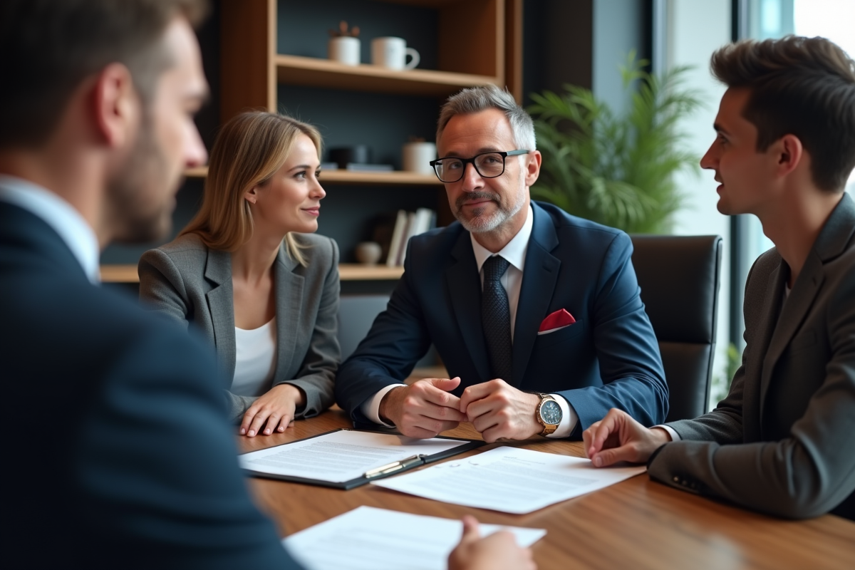 Notaire professionnel expliquant des documents à un jeune couple