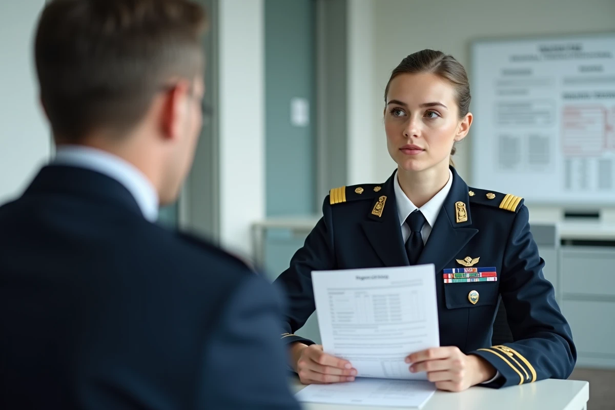 Officier femme lieutenant armée de terre discutant de la grille indiciaire de rémunération avec un conseiller RH militaire