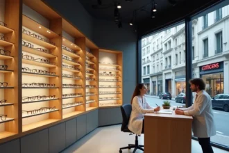 Intérieur d'une boutique d'opticien moderne en Auvergne-Rhône-Alpes avec des montures exposées et un optician conseillant un client