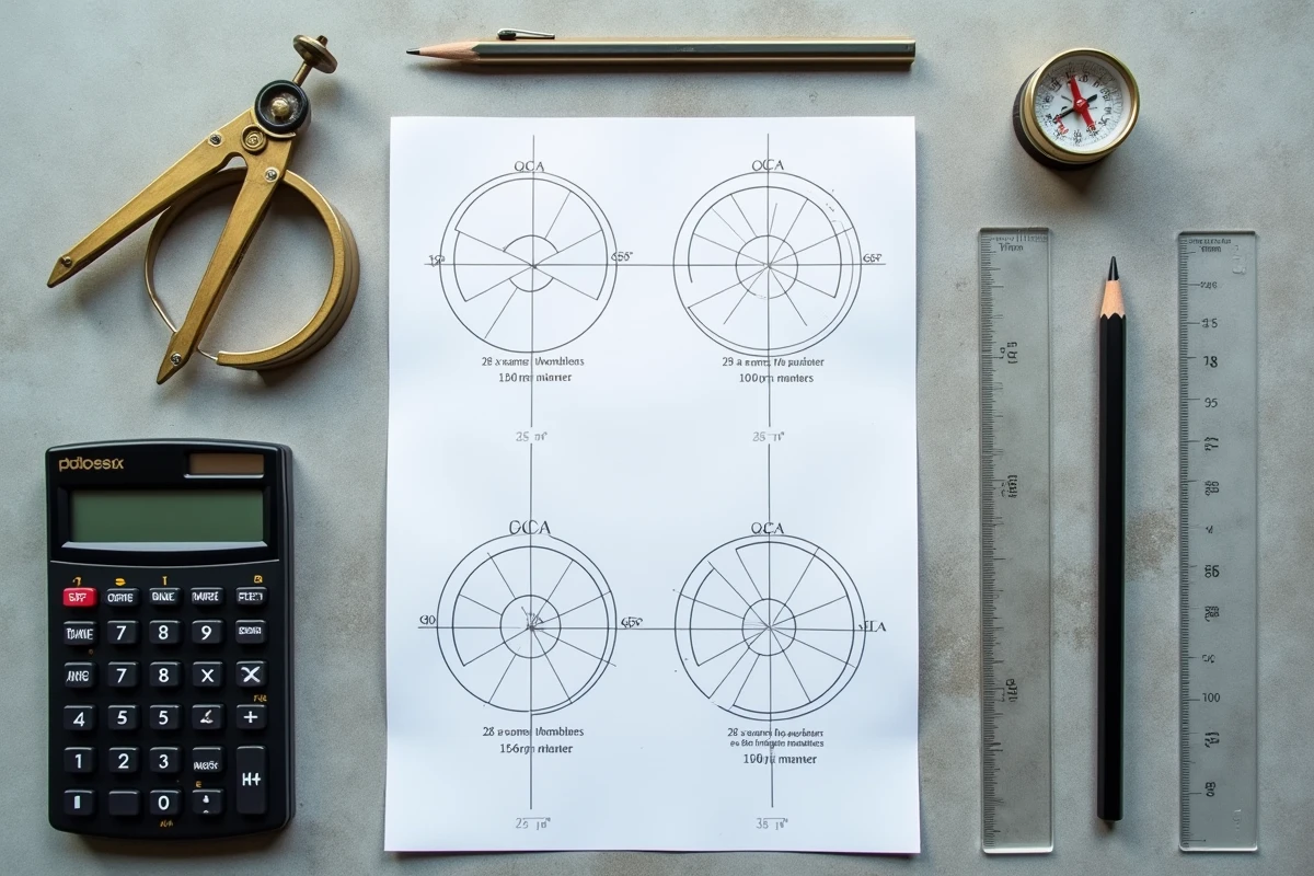 Vue aérienne d'outils de géométrie pour calculer la surface d'un cercle : compas, calculatrice, règle et formules mathématiques sur béton