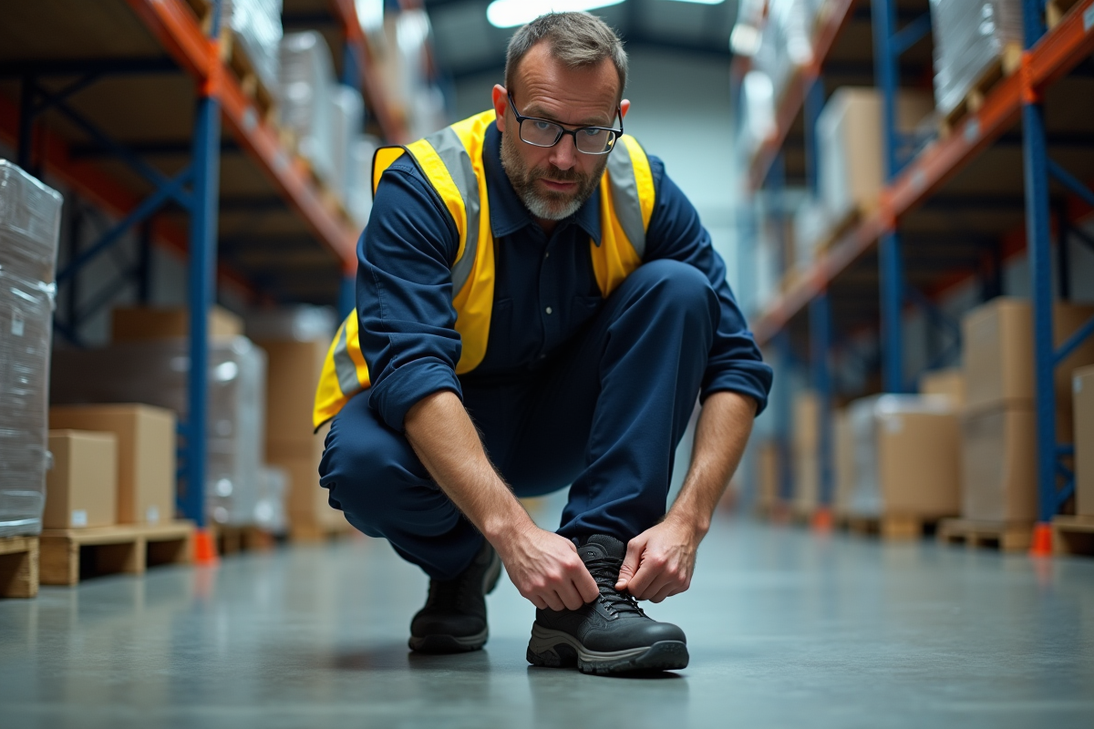 Ouvrier en sécurité chaussant ses bottes en acier dans une usine