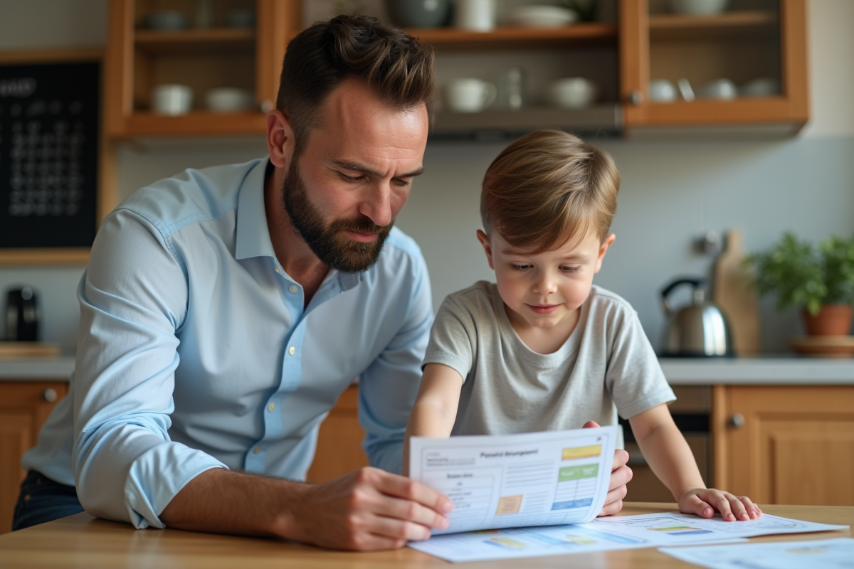 Père aidant son enfant à faire un budget familial à la cuisine