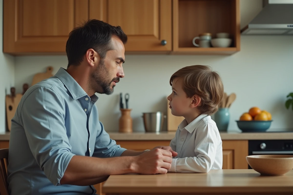 Pere et enfant dans une cuisine familiale