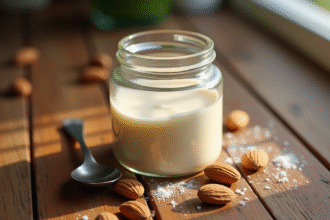 Pot de crème d'amandes maison sur une table en bois rustique