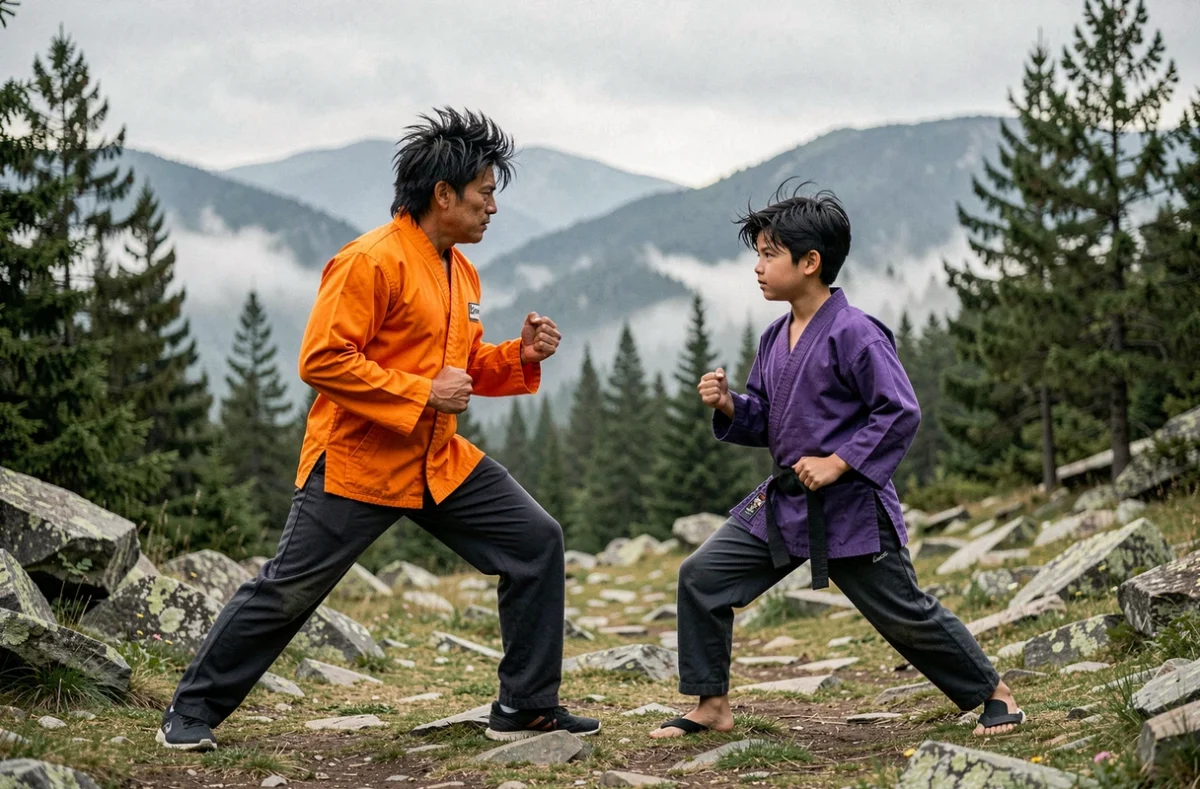 Père et fils s'entraînant ensemble dans un paysage montagneux, symbolisant la transmission des valeurs et l'entraînement martial familial