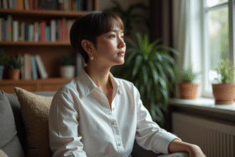 Personne nonbinaire regardant par la fenêtre dans un intérieur chaleureux