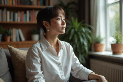 Personne nonbinaire regardant par la fenêtre dans un intérieur chaleureux