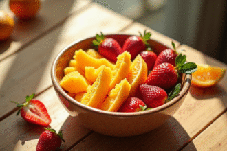 Petit-dejeuner avec bol de fruits riches en vitamine D