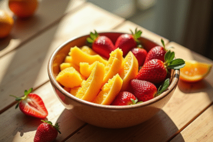 Petit-dejeuner avec bol de fruits riches en vitamine D