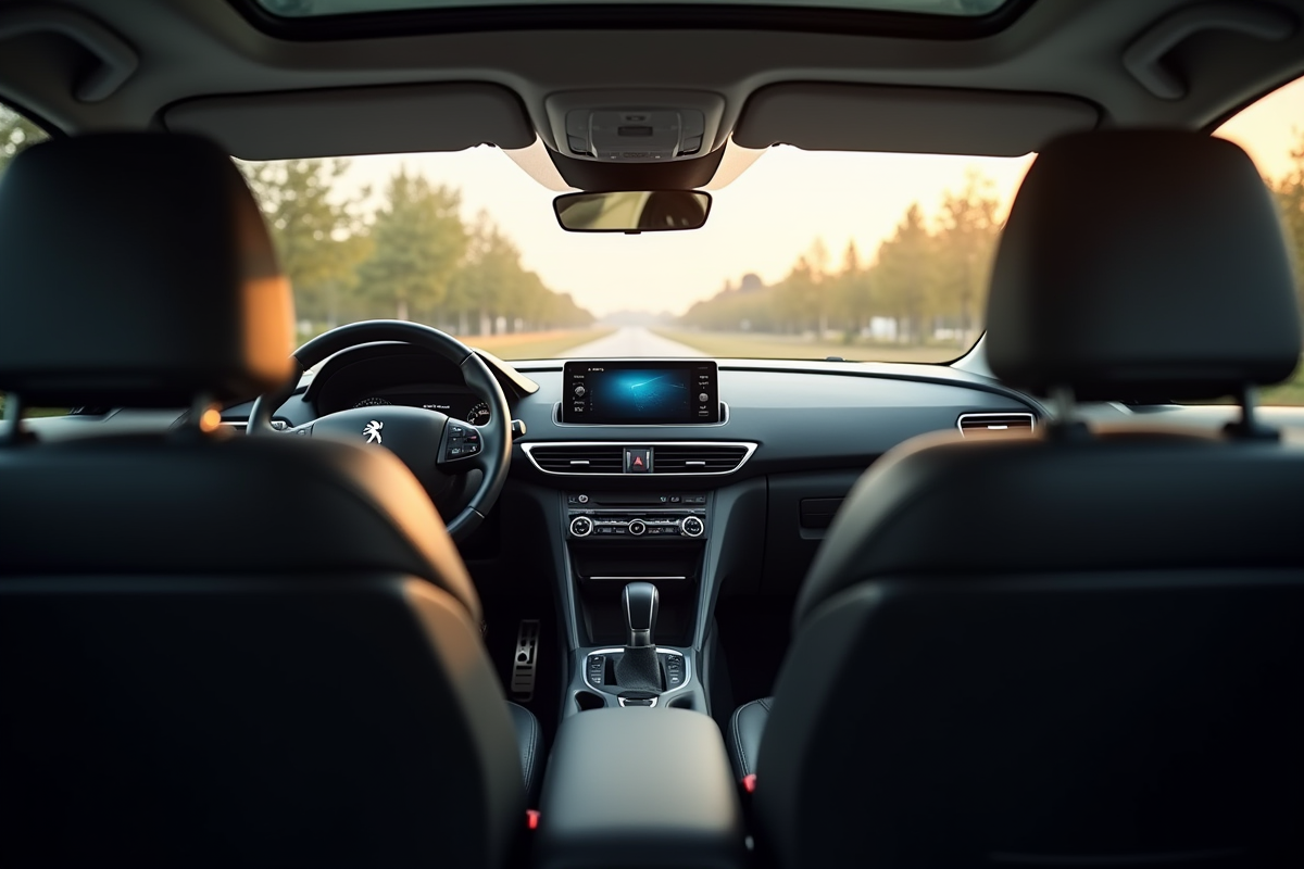 Intérieur de la Peugeot 408 vue de l'arrière avec tableau de bord