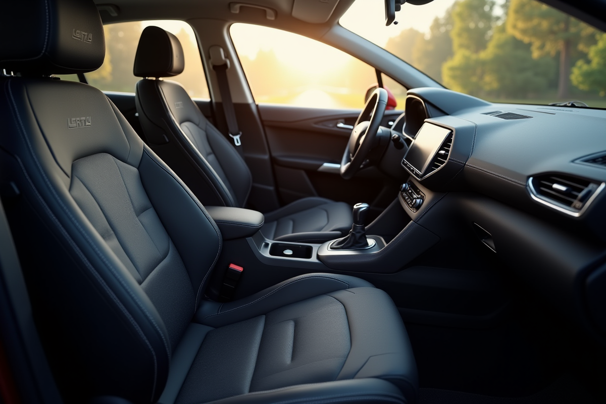 Sièges avant et console centrale de la Peugeot 408 en gros plan