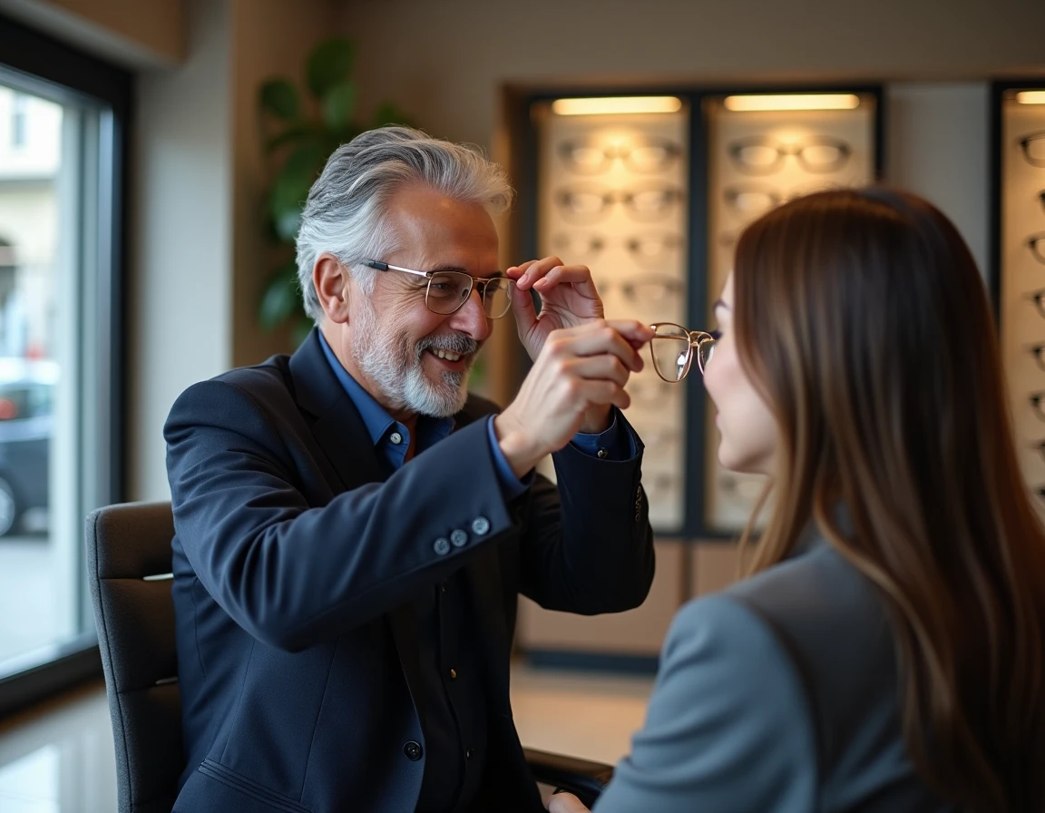 Opticien Philippe Chassang à Grenoble ajustant des lunettes de luxe pour une cliente dans une boutique élégante
