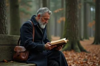 Homme contemplatif lisant un livre philosophique seul dans une forêt dense, évoquant la pensée de Thoreau, Emerson et Nietzsche