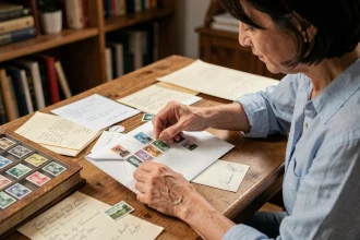 Femme plaçant plusieurs timbres sur une enveloppe blanche à un bureau en bois, vue en plongée légère