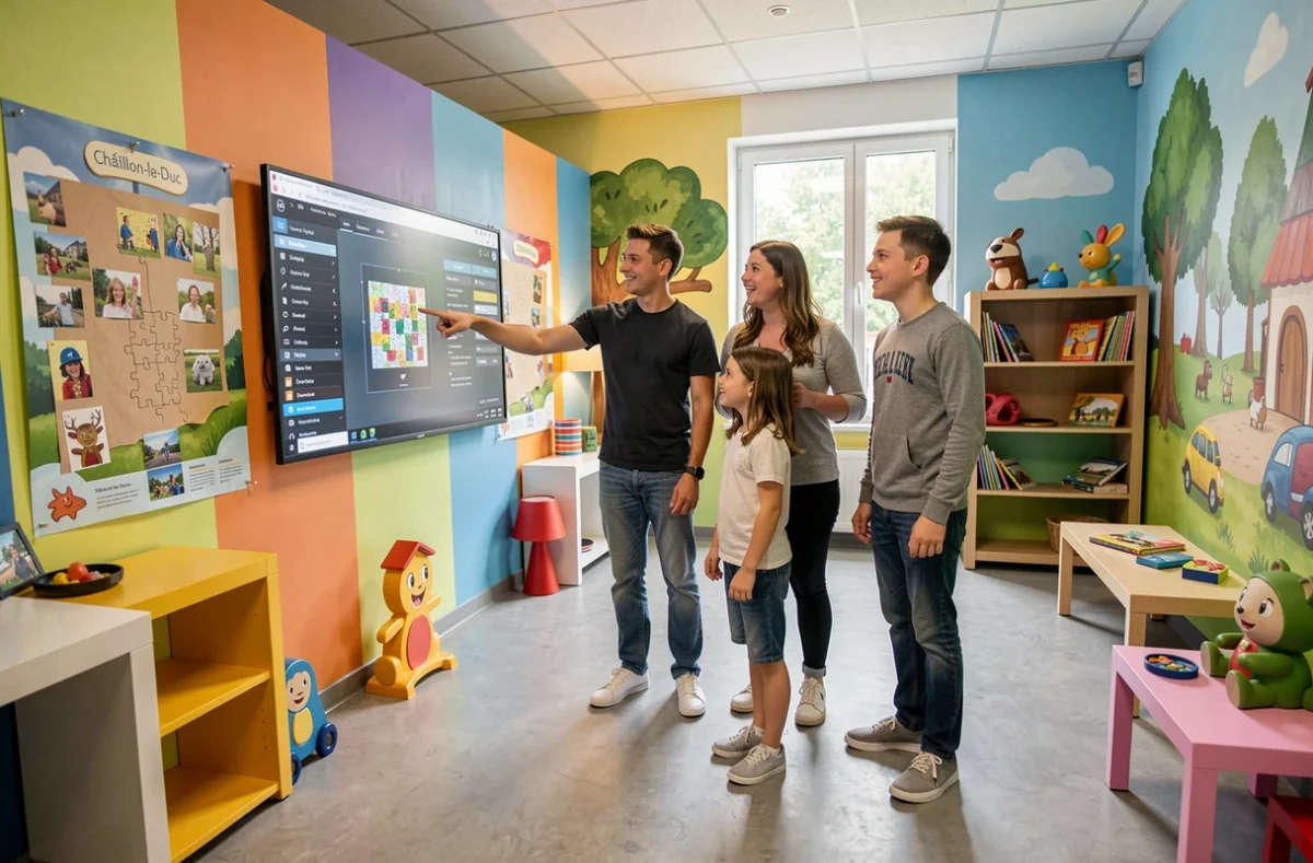 Famille jouant à une énigme interactive dans les salles de Playheure à Châtillon-le-Duc