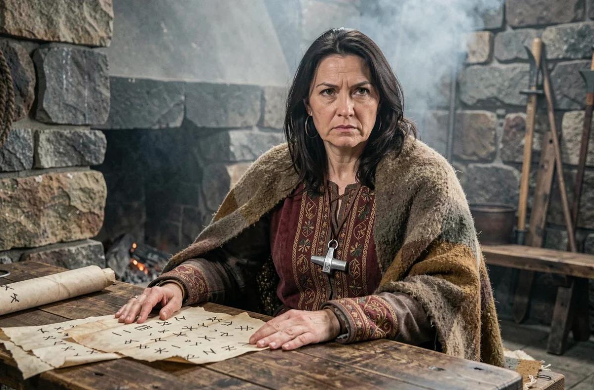 Portrait d'une femme d'apparence viking aux traits slaves avec pendentif marteau de Thor dans un cadre médiéval nordique