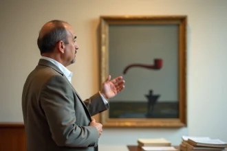 Professeur d'histoire de l'art expliquant le tableau Ceci n'est pas une pipe de Magritte devant une reproduction murale dans une salle de cours universitaire