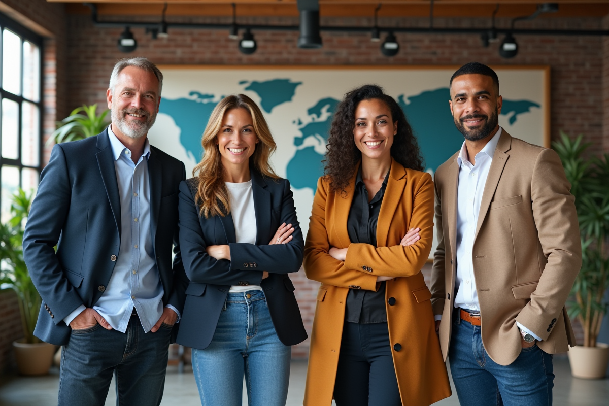 Quatre employés souriants devant un mur industriel créatif