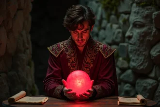 Joueur en costume fantasy tenant un orbe rouge rubis lumineux dans un donjon en pierre, illustrant la quête du Dofus Pourpre