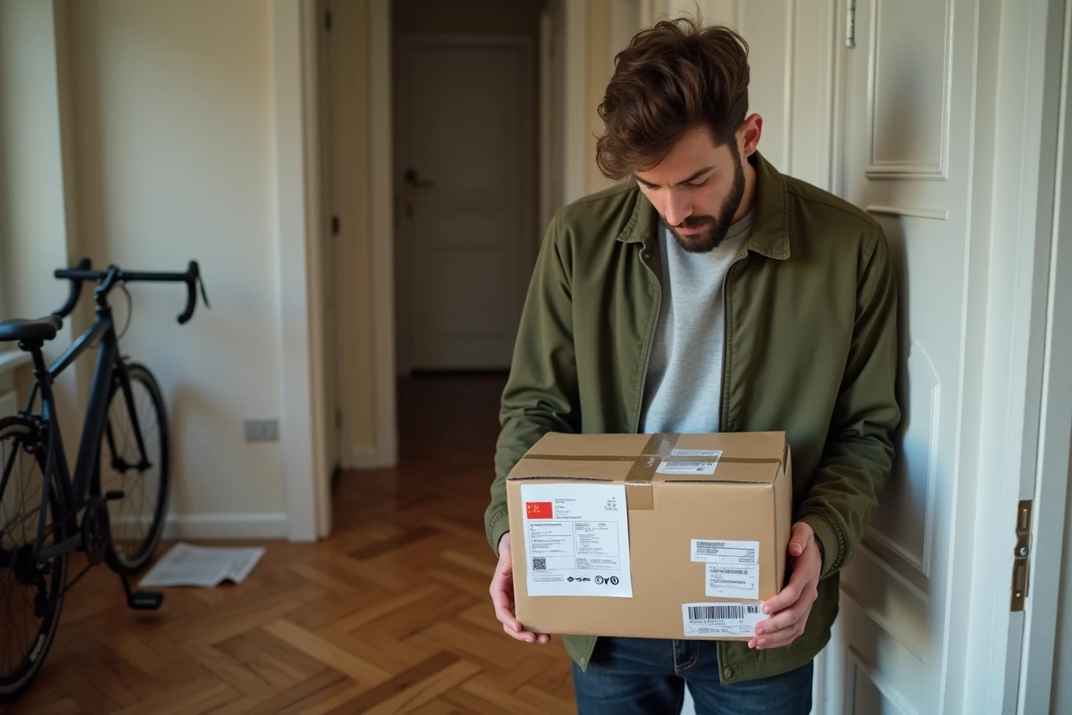 Homme réceptionnant un colis China Post à domicile et vérifiant les informations de suivi douanier