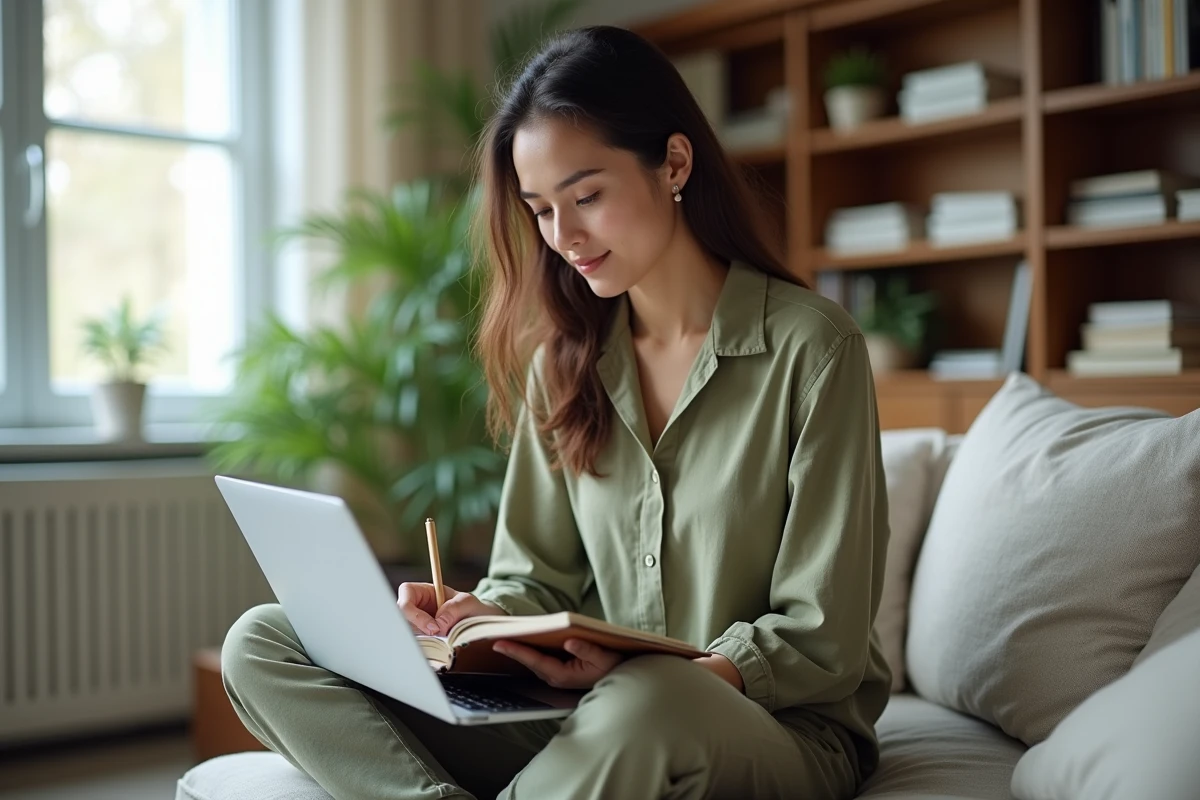 Jeune femme prenant des notes en consultant le contenu archivé de l'ancien site Wikio.com sur son ordinateur portable