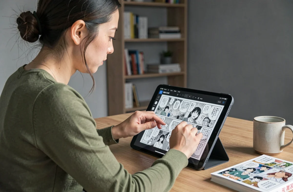 Femme réglant le zoom et la qualité d'affichage d'un scan manga One Piece sur sa tablette à son bureau