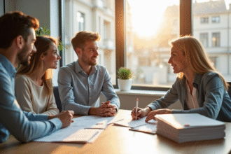 Jeune couple rencontrant un conseiller bancaire dans un bureau lumineux