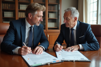 Deux professionnels discutent autour de documents officiels en réunion