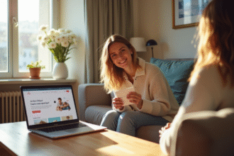 Salon lumineux dans un Airbnb moderne avec un voyageur et un chèque vacances