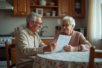 Homme d'âge moyen offrant un relevé bancaire à sa mère souriante