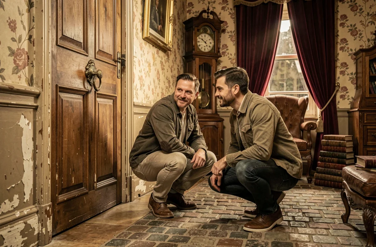 Joueurs inspectant le heurtoir d'une porte ancienne dans l'escape game Les Secrets du Heurtoir à Besançon