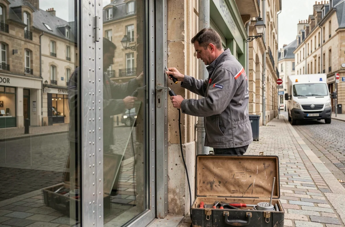Technicien de La Serrurerie Nationale installant une porte vitrée sécurisée
