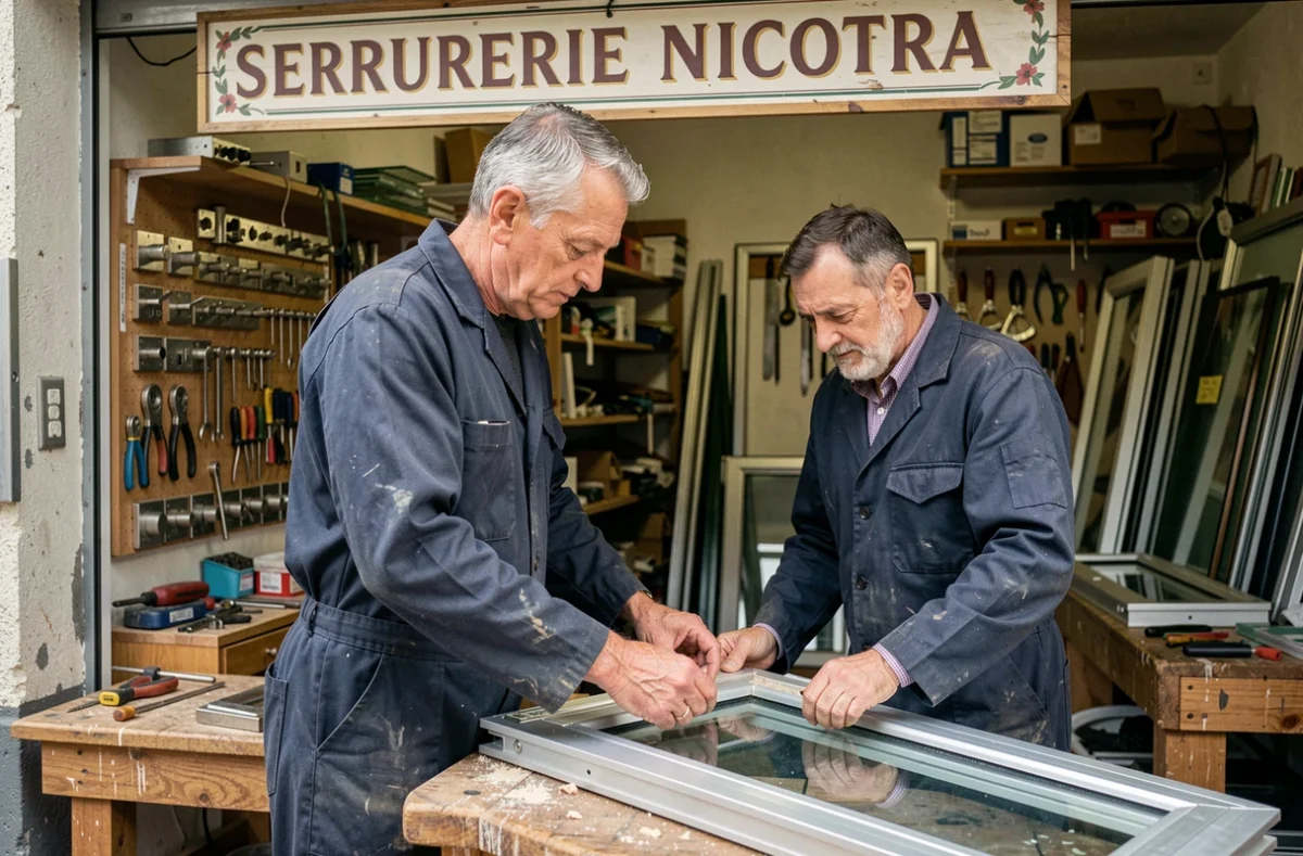 Artisan de la Serrurerie Nicotra examinant un cadre de fenêtre dans son atelier
